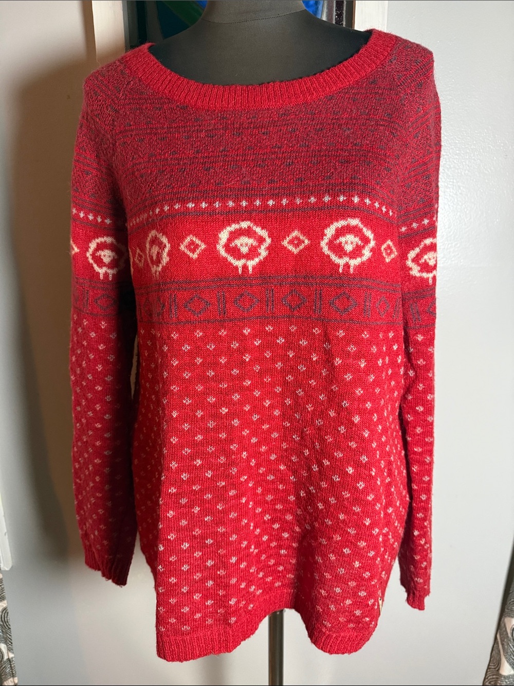 Woolrich Red Fair Isle Sheep Pattern Crewneck Sweater SZ L - Picture 2 of 9
